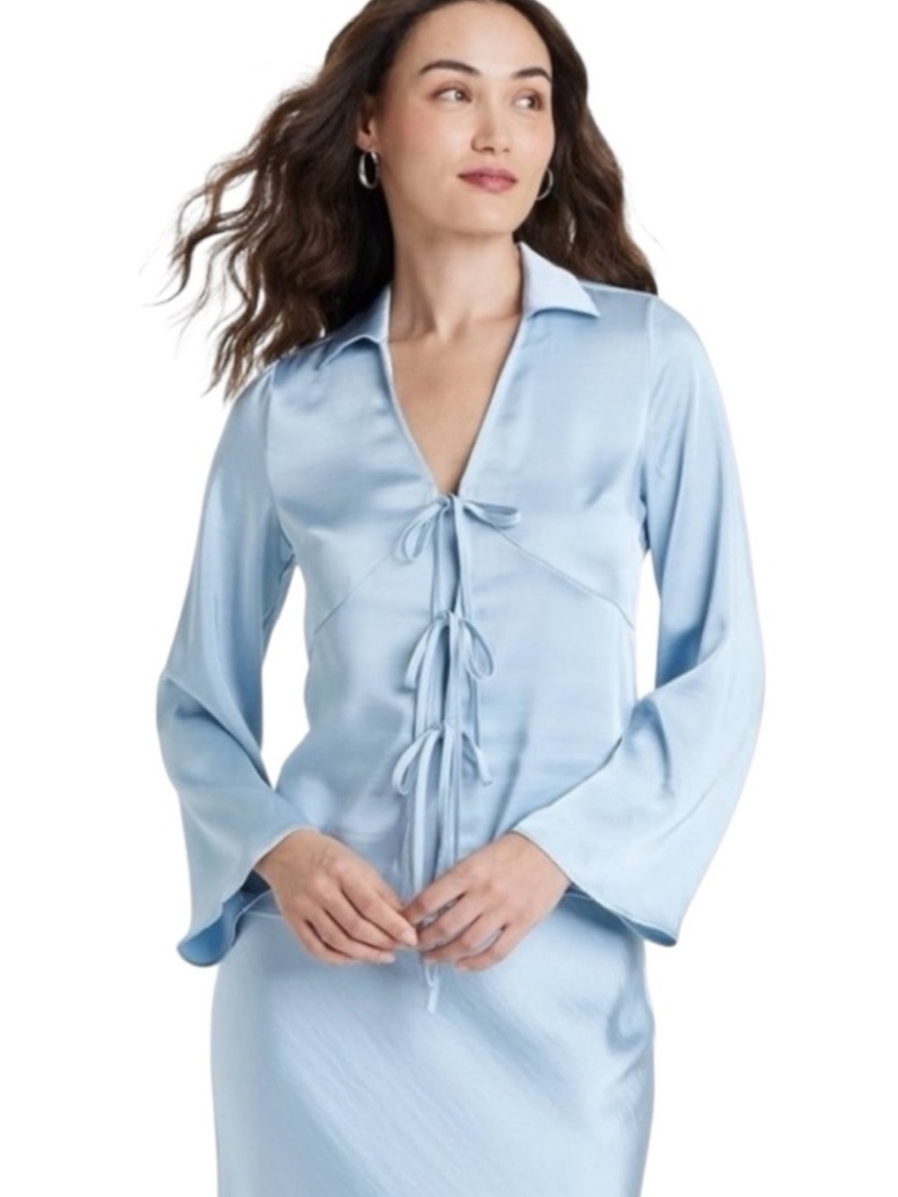 a new day Light Blue Satin Tie-Front Chemise Top